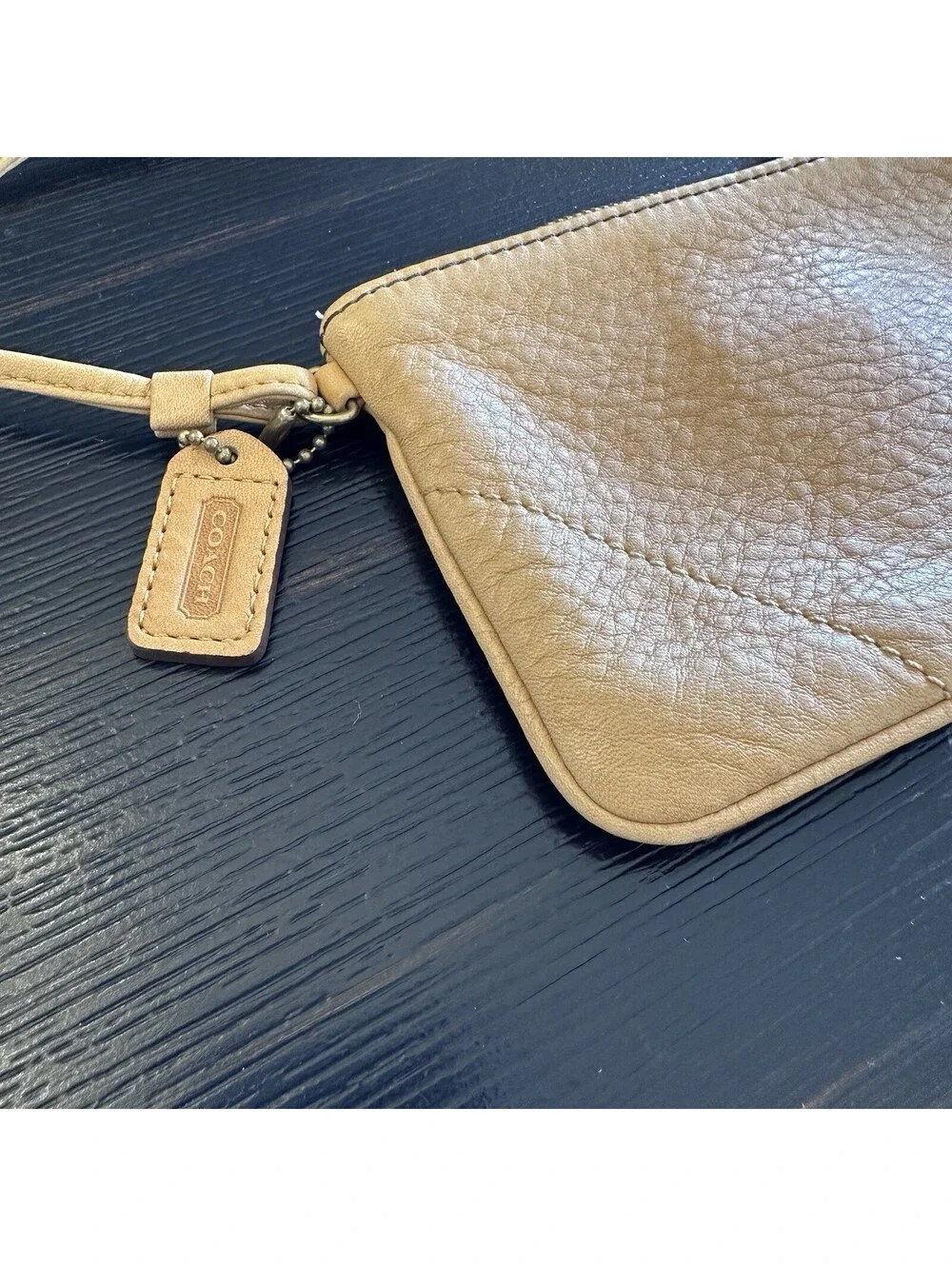 Vintage Coach Leather Zip Pouch Wristlet Tan Color With Logo Lining VGC